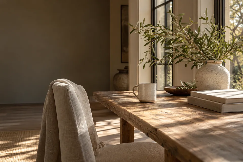 Sunlight across an oak table with a ceramic mug, books and olive branches (AI-generated editorial scene)
