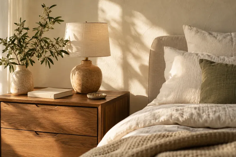 Sunlit oak bedside table, linen lamp and cream bedding (AI-generated editorial scene)