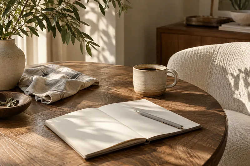 Notebook, ceramic mug and linen on a sunlit oak table (AI-generated editorial scene)