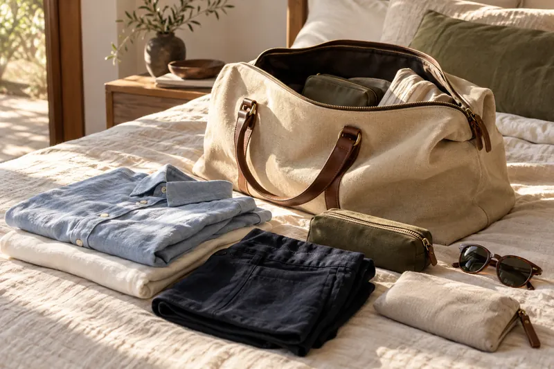 Open canvas travel bag with folded clothes and pouches (AI-generated editorial scene)
