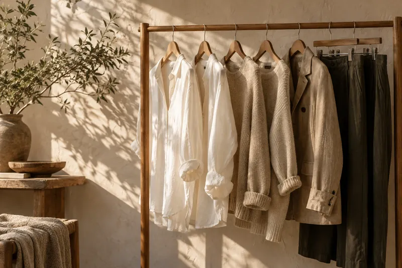 Neutral shirts and knitwear hanging on an oak clothes rail (AI-generated editorial scene)